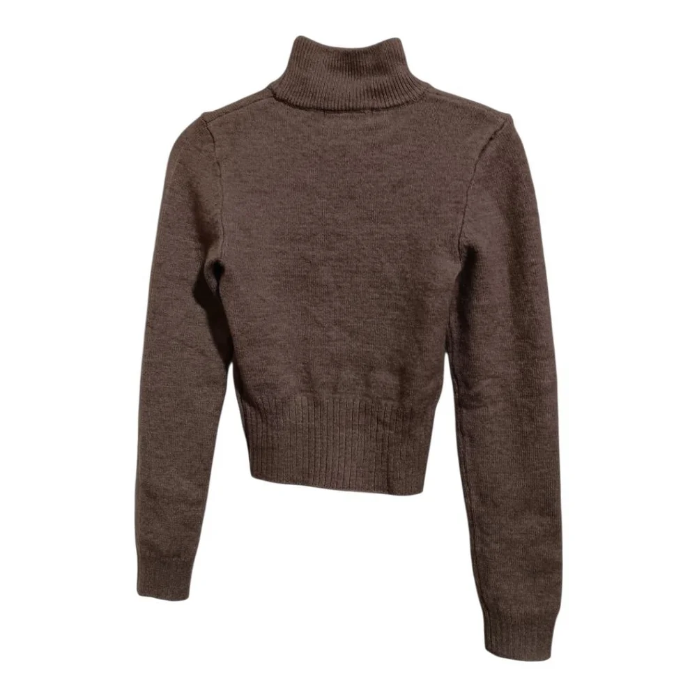 Bershka Wool Blend Mock Turtleneck Cropped Long Sleeved Sweater in Chocolate - Picture 3 of 9